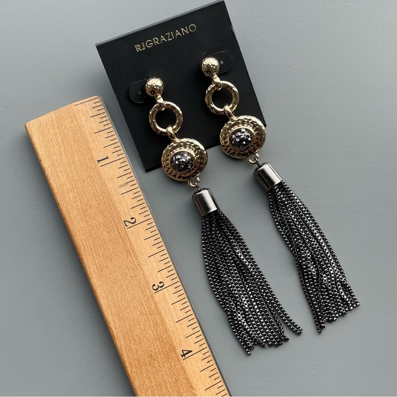 NEW RJ Graziano Gold Tone Gunmetal Tassel Drop Earrings - Picture 6 of 7